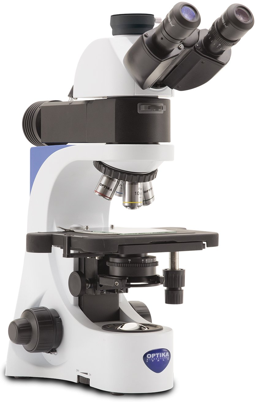 Microscopio metalográfico trinocular, c/óptica plana infinita de alto contraste, luz transmitida, reflejada y polarizada B-383MET