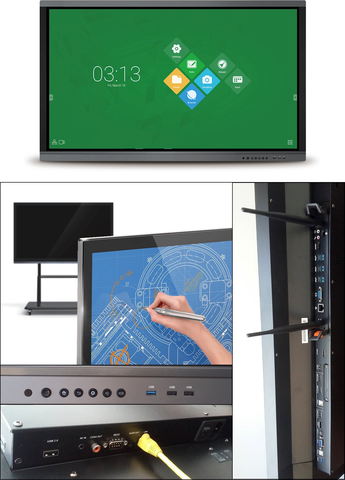 Sistema All in One c/pantalla LED UHD de gran porte, multitouch, audio HiFi, BT 4, WiFi GB, E/S auxilares y mód Android TLT 65 Full
