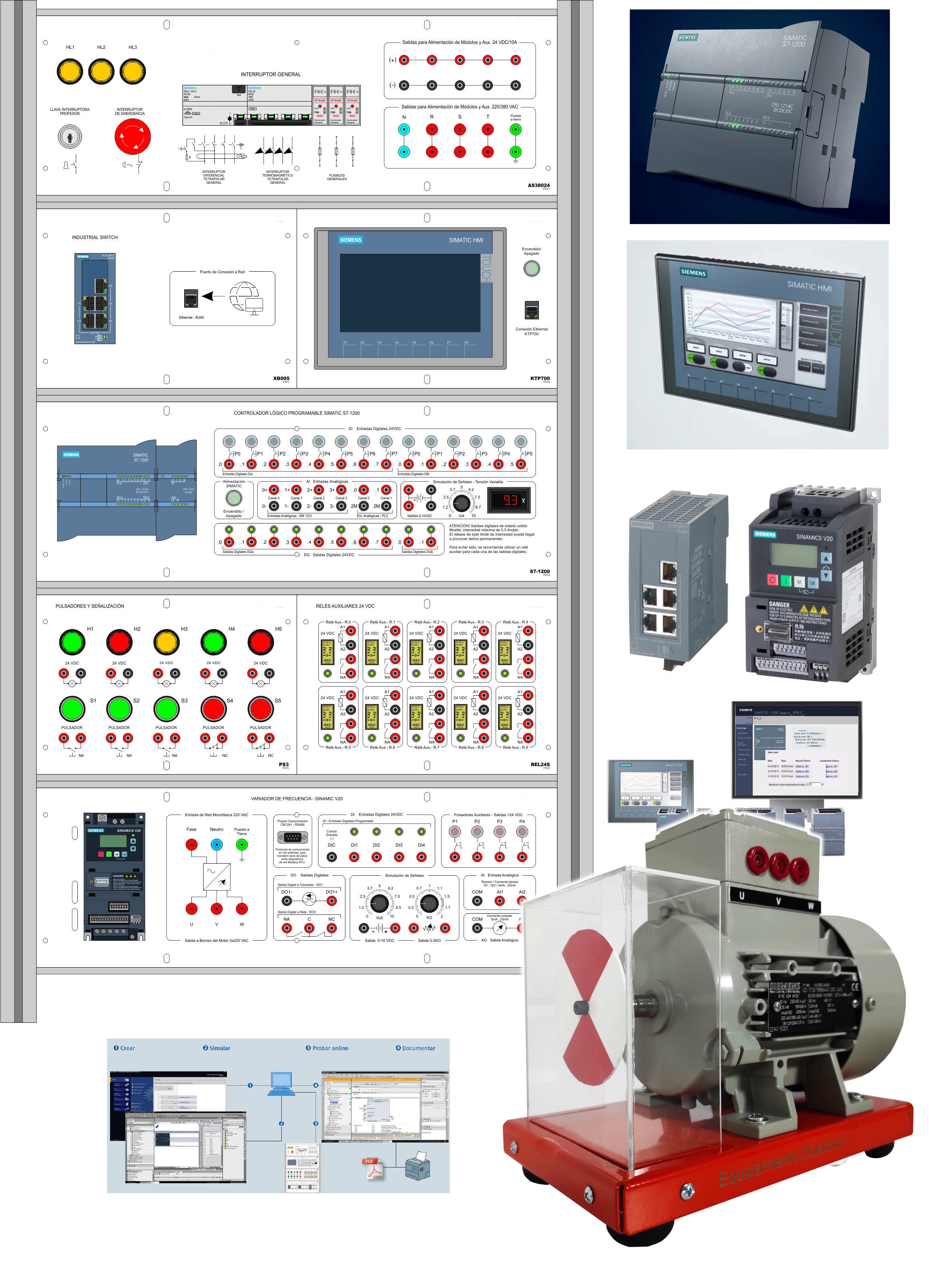 Tablero didáctico para prácticas de automatización industrial con PLC Siemens S7-1200, modbus, HMI y variador AUTO 45